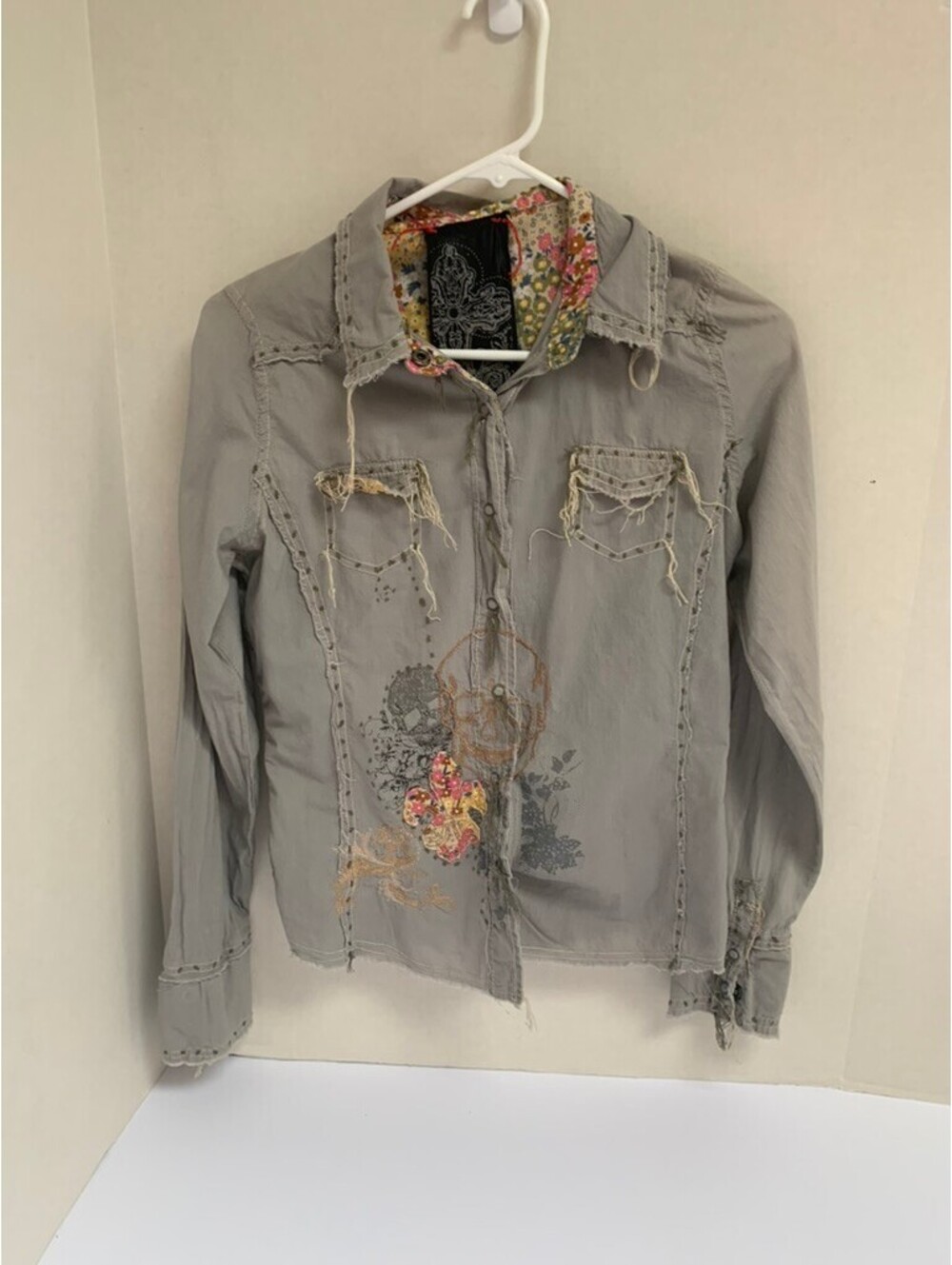 Vtg Miss Me Y2K Cyber Grunge Military Utility Shirt Fleur De Lis Skull Size M